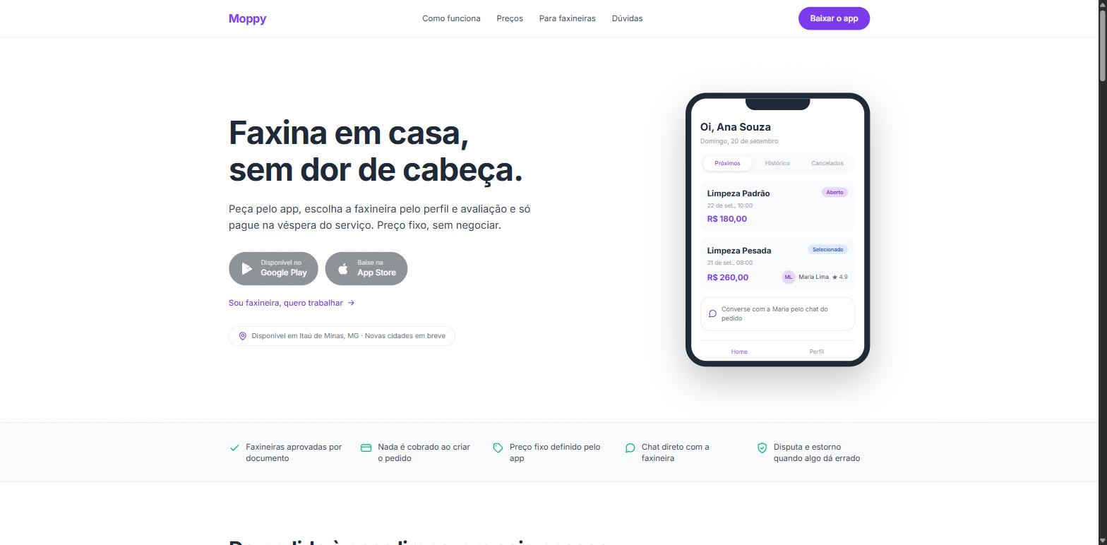 Tela do site do Moppy, app de faxina sob demanda